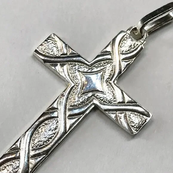 Vintage Italy 925 Sterling Silver Cross Necklace Pendant Pebbled Textured Star - Picture 8 of 9